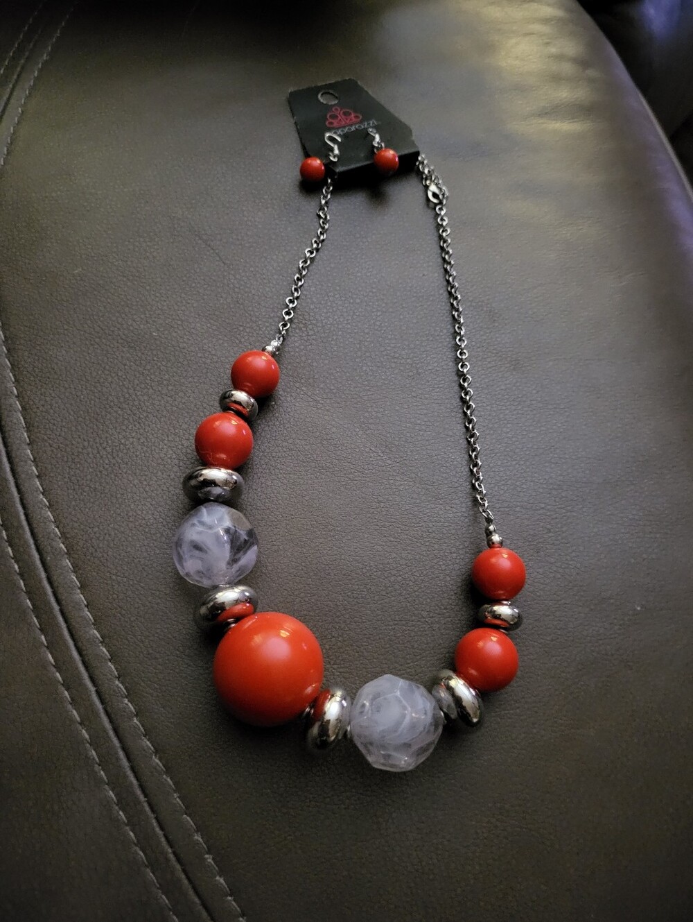 BaubleBar Red and Clear Bead Necklace with Silver Accents With Matching Earring
